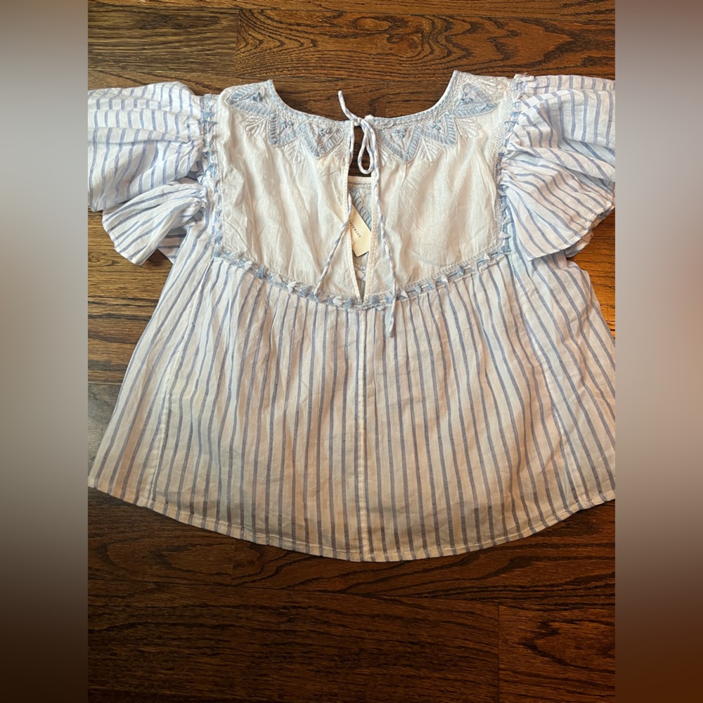 NWT Anthropologie Light Blue And White Striped Embroidered Flutter Sleeve Top - Picture 8 of 9